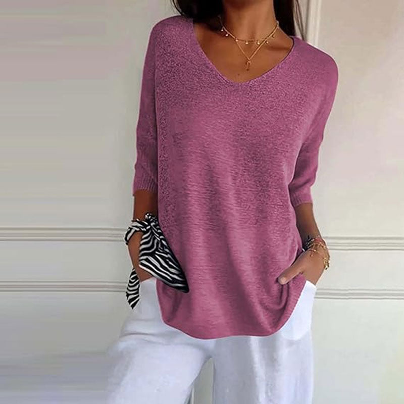Einfarbiges Stricktop mit V-Ausschnitt