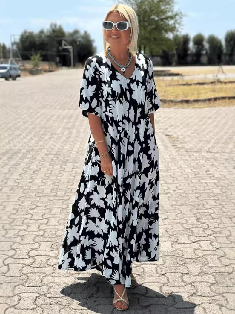 🥰Befristetes Angebot 45% RABATT🎁 Lässiges Maxikleid mit Blumendruck und V-Ausschnitt