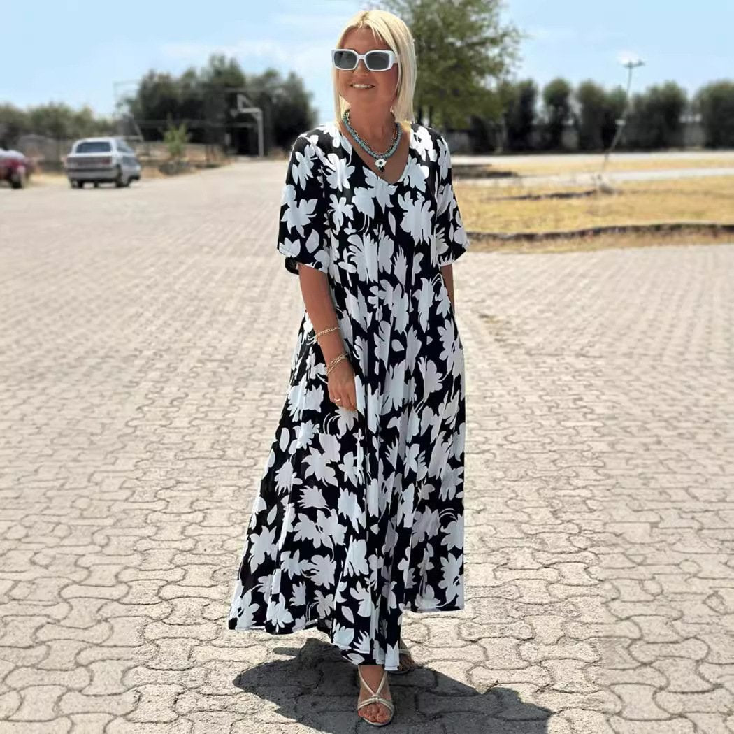 🥰Befristetes Angebot 45% RABATT🎁 Lässiges Maxikleid mit Blumendruck und V-Ausschnitt