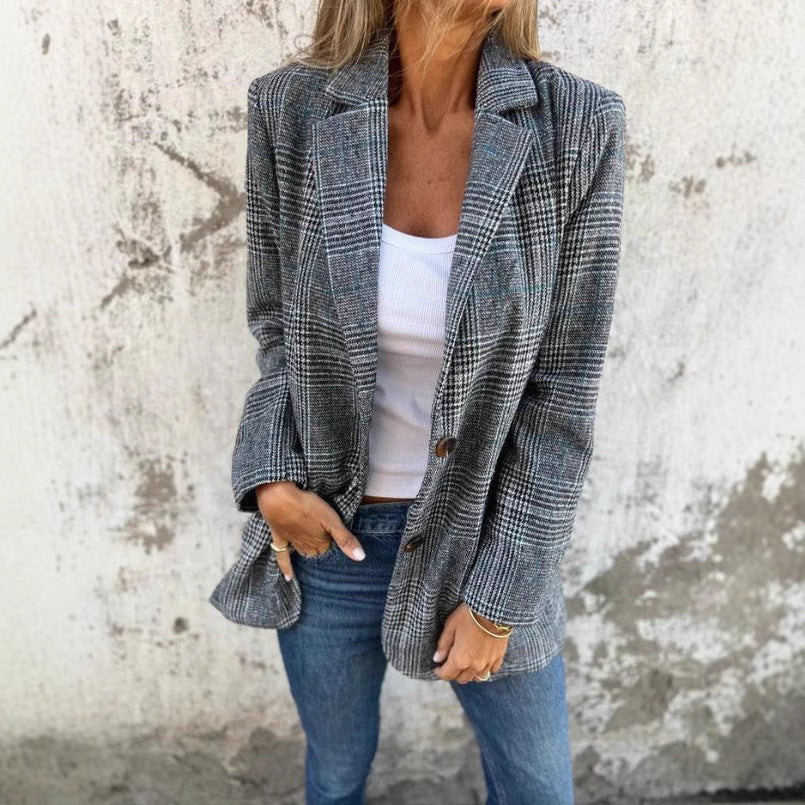 🔥Höstkostym Med Kavajkrage Och Smala Knappar, Liten Rutig För Kvinnor