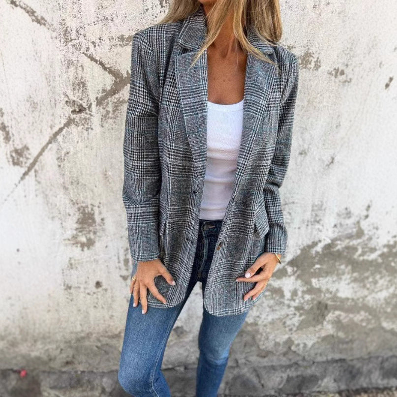 🔥Höstkostym Med Kavajkrage Och Smala Knappar, Liten Rutig För Kvinnor