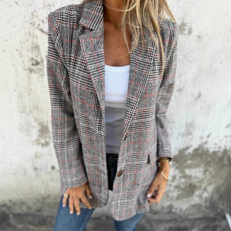 🔥Höstkostym Med Kavajkrage Och Smala Knappar, Liten Rutig För Kvinnor