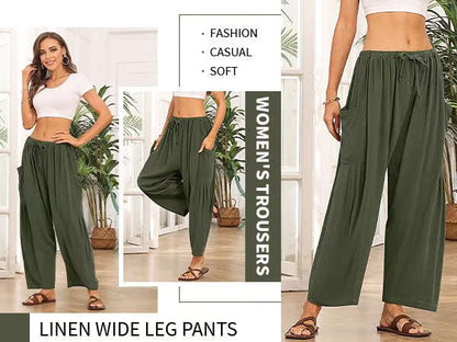Damen-Leinenhose mit weitem Bein und Taschen