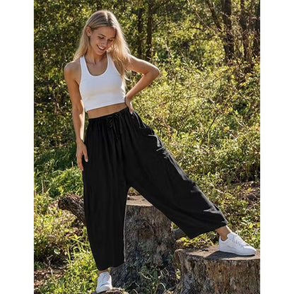 Damen-Leinenhose mit weitem Bein und Taschen