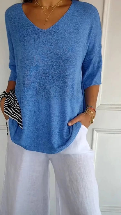 Einfarbiges Stricktop mit V-Ausschnitt