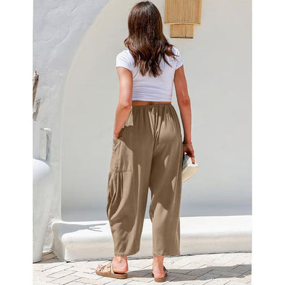 Damen-Leinenhose mit weitem Bein und Taschen