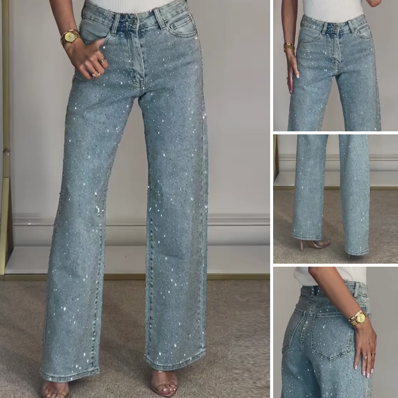 (Gratis frakt)✨Jeans med rette ben og strass