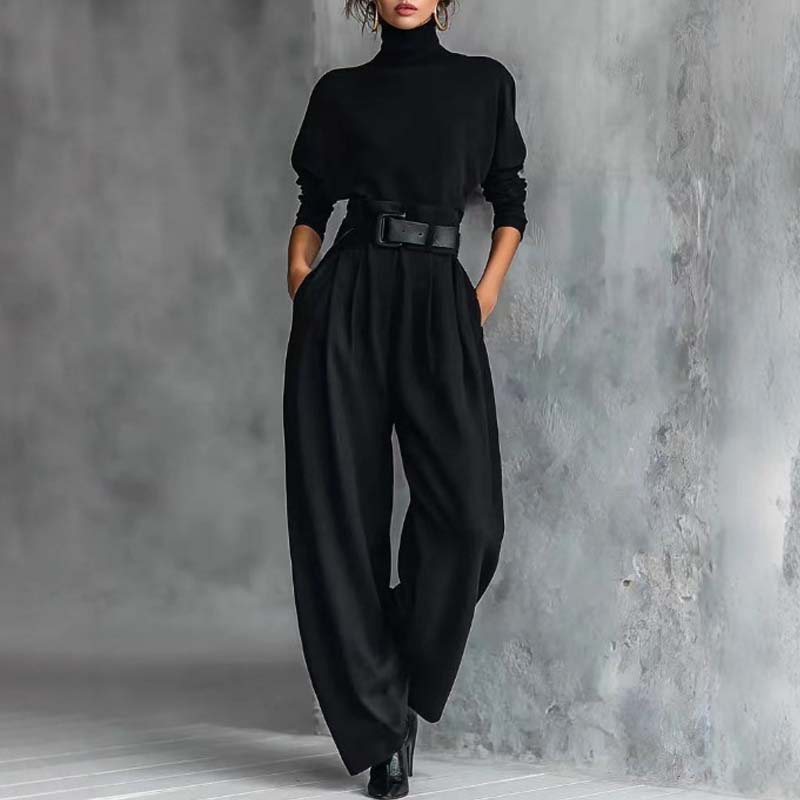 Elegant damset bestående av en turtleneck-top och högmidjade byxor (bälte ingår)👚