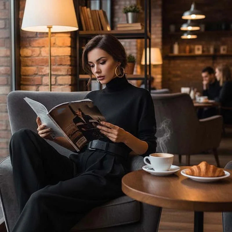 Elegant damset bestående av en turtleneck-top och högmidjade byxor (bälte ingår)👚