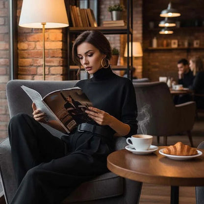 Elegant damset bestående av en turtleneck-top och högmidjade byxor (bälte ingår)👚